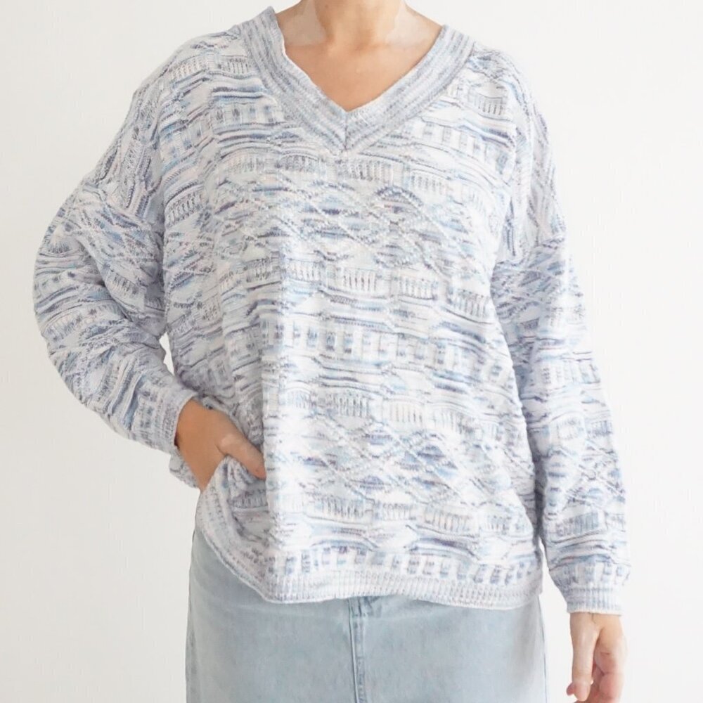 Vintage Fitting Image Blue White Textured V Neck Knit Sweater Geometric Stripe L